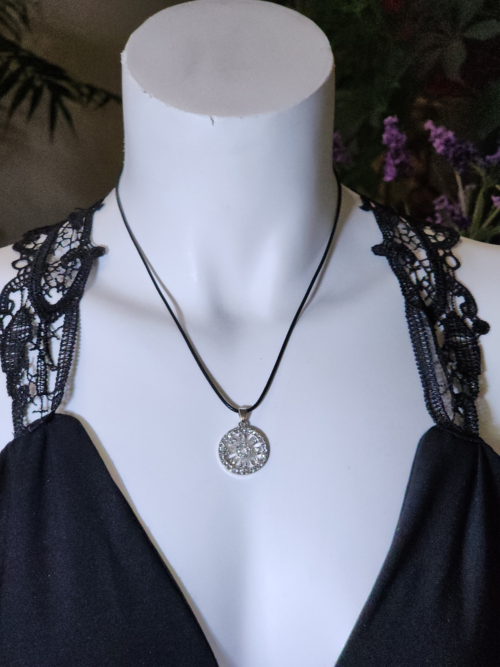 Silver Toned Crystal Circle Floral Pendant Necklace On Black Nylon Cord